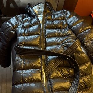 Black Puffer Jacket with Belt full length mackage